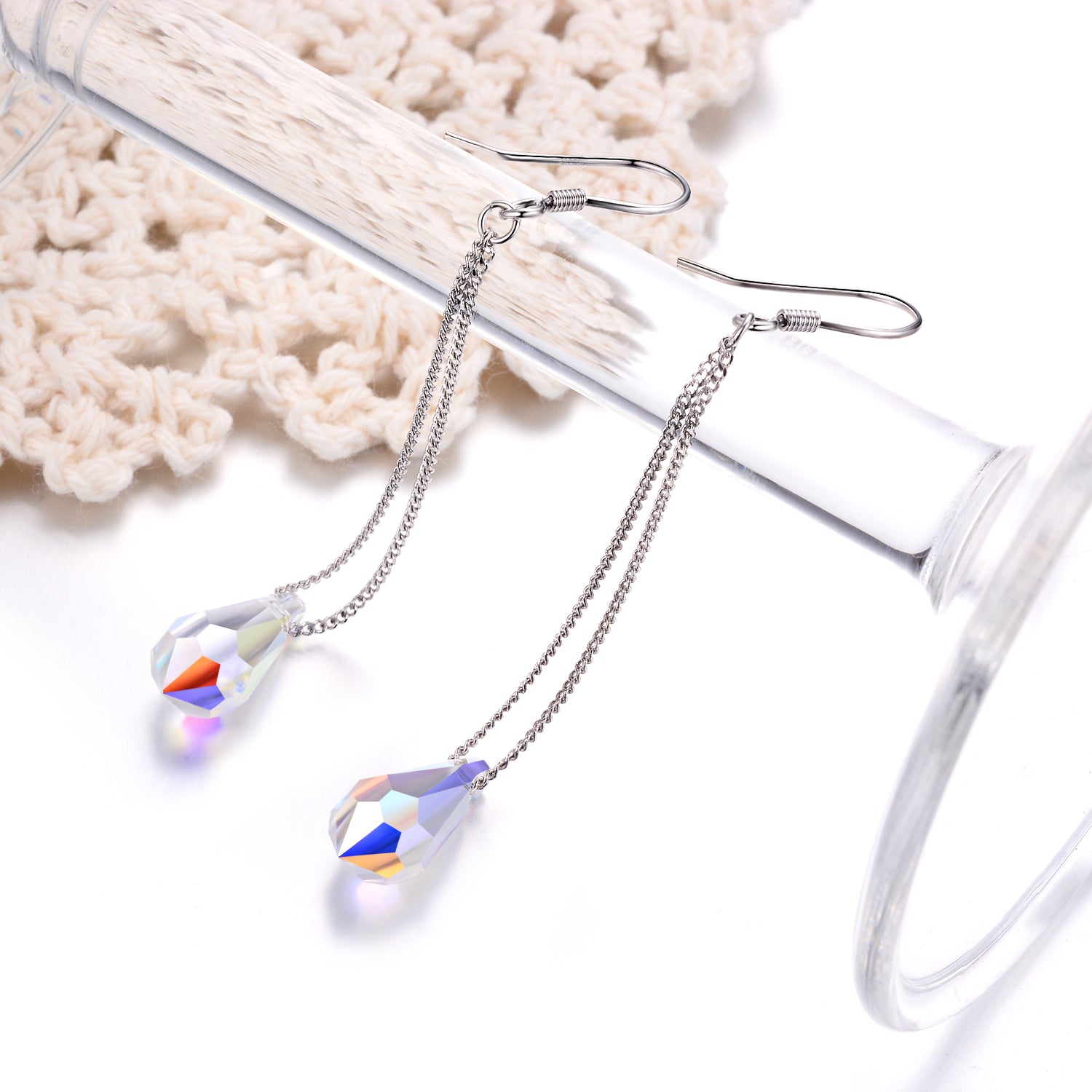 Water Drop Earrings Tear Shape Crystal Long Pendant Silver Chain Earrings
