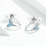 Pearl Earrings for Women Sterling Silver 925 Blue CZ Mermaid Fish Tail Earrings