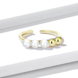 925 Sterling Silver Round Beads and Pearl Open Adjustable Finger Rings for Girlfriend Fashion Jewelry