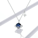 925 Sterling Silver Blue Planet Pendant Necklace for Women Stars Design Engagement Statement Jewelry