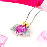 925 Sterling silver red zircon heart pendant chain gold color crown necklace with wing for Women Fashion Jewelry gift