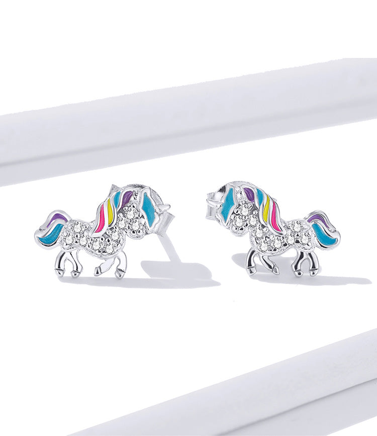 925 Sterling Silver Colorful Fantesy Licorne Stud Earrings Precious Jewelry For Women
