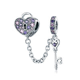 silver zirconia heart & key Safety Chains charms