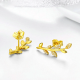 925 Sterling Silver Tree Leaves Gold Color Clear CZ Stud Earrings for Women Fine Jewelry
