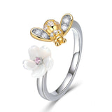 925 Sterling Silver Bee and Honey Flower Sweet Wish Finger Rings for Women Fashion Silver Jewelry