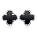 Rose Gold Clover zircon Black Double-sided Agate S925 Sterling Silver Stud Earrings  Clover Flower Ornament