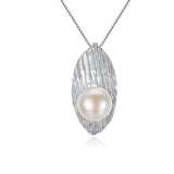 leaf shape design white gold plated  freshwater pearl Pendant S925 Sterling Silver Necklace