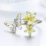New 925 Sterling Silver Dancing Butterfly & Flower Adjustable Ring Fashion Ring Luxury Jewelry