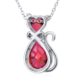 Red Water Drop Shape Crystal Cat Necklace Silver Design Animal Necklace