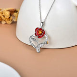 Red Poppy Flower Heart Pendant Necklace Sterling Silver Enamel Flower Necklace for Girl Women