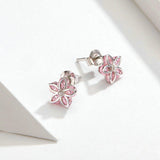 Cherry Blossom Crystal Stud Earrings 925 Stelring Silver Pink Flower Ear Studs Korean Wedding Statement Jewelry